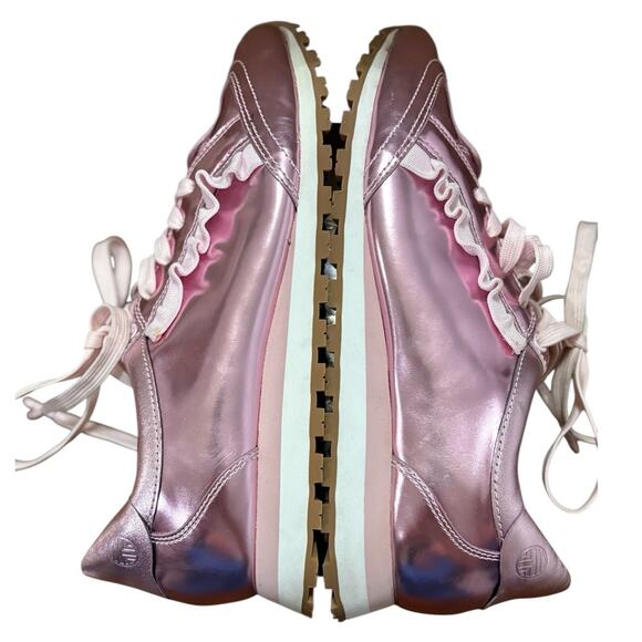 Tory Burch Sport Ruffle Trainer Pink Metallic Leather Lace Up Sneakers Size 8.5 - Picture 3 of 8